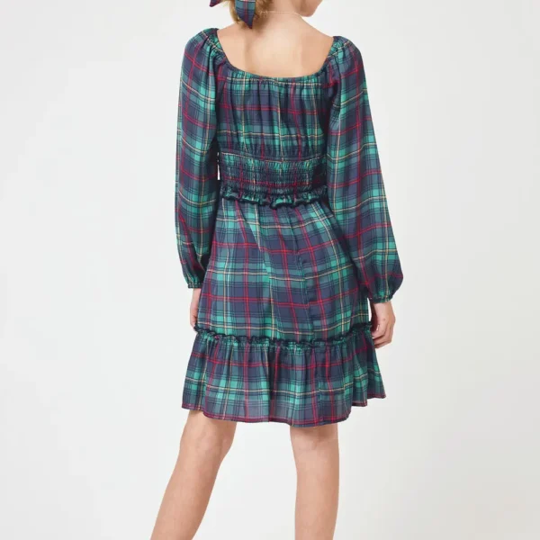 Green Plaid Long Sleeve Dress with Necklace - Image 3