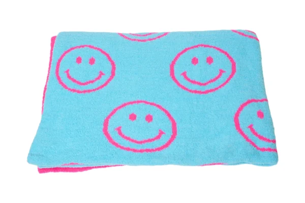 Malibu Sugar Smiley Plush Throw Blankets - Neon Fuchsia & New Sky Blue - Image 2