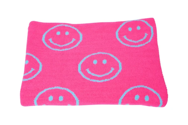 Malibu Sugar Smiley Plush Throw Blankets - Neon Fuchsia & New Sky Blue - Image 3