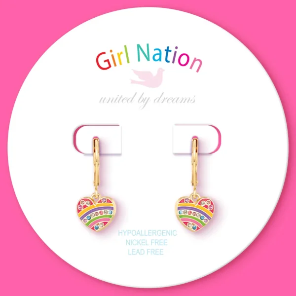 Girl Nation Crystal Rainbow Heart Lever Back Earrings - Image 2