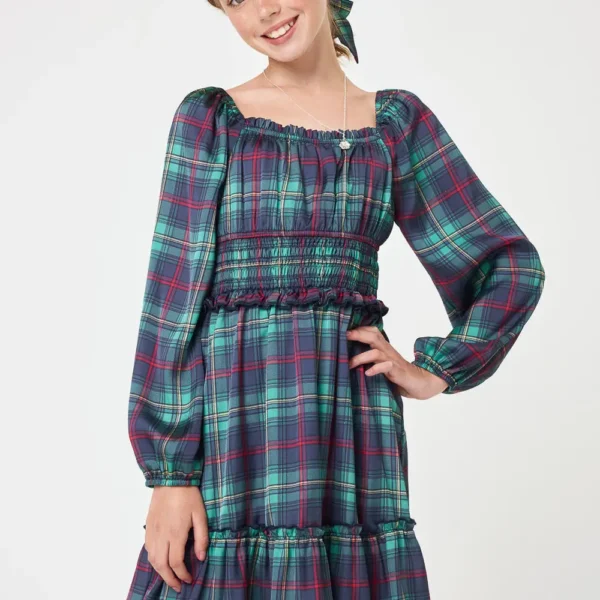 Green Plaid Long Sleeve Dress with Necklace