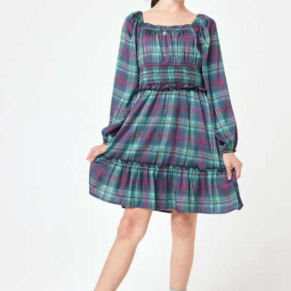 Green Plaid Long Sleeve Dress with Necklace - Image 2