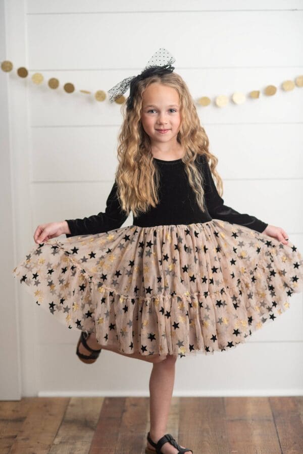 Black & Gold Star Velvet Holiday Sparkle Tulle Dress