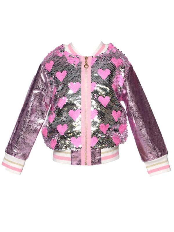 Heart sequin bomber jacket faux leather pink - Hannah Banana