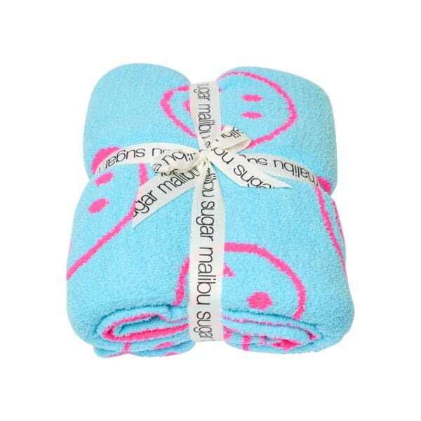 Malibu Sugar Smiley Plush Throw Blankets - Neon Fuchsia & New Sky Blue