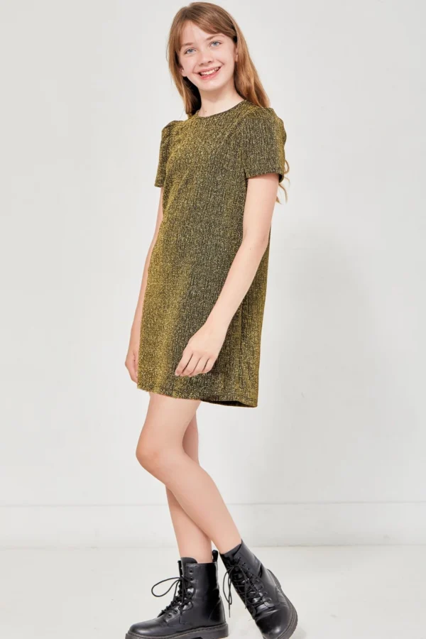 Gold Puff Sleeves Glitter Dress - Good Girl - Image 3