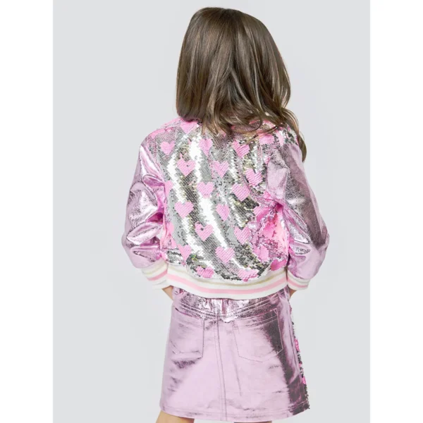 Heart sequin bomber jacket faux leather pink - Hannah Banana - Image 2