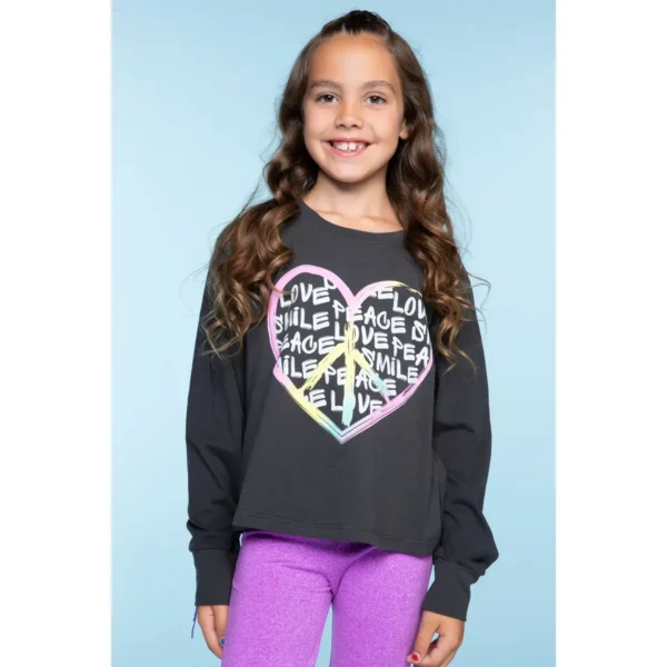 Long Sleeve Easy Tee Washed Black Pink Peace Heart