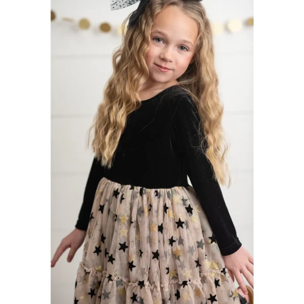 Black & Gold Star Velvet Holiday Sparkle Tulle Dress - Image 4