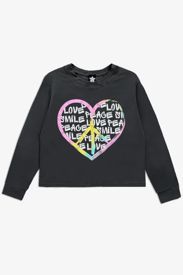 Long Sleeve Easy Tee Washed Black Pink Peace Heart - Image 4