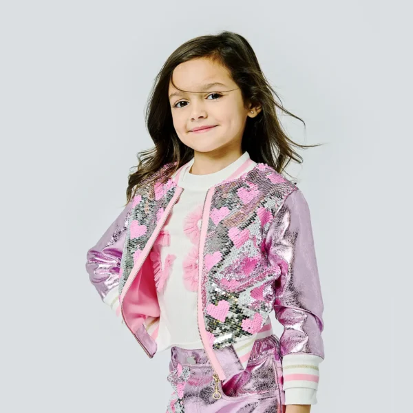 Heart sequin bomber jacket faux leather pink - Hannah Banana - Image 3