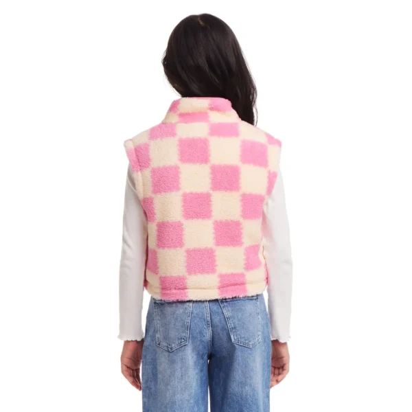 Checkered Cropped Fleece Vest Pink & Cream - Image 5