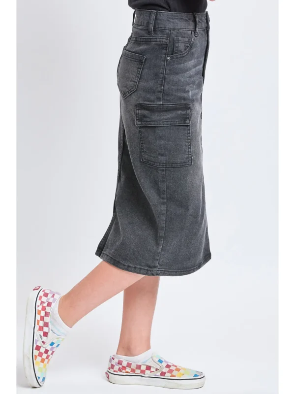 Denim Long Cargo Clean Hem Skirt: Faded Black - Image 4