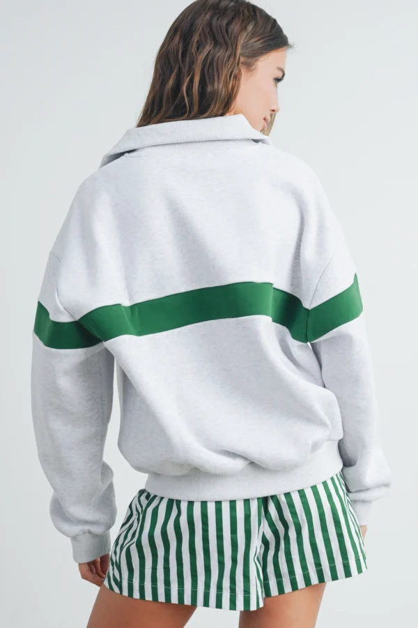 Two-Toned Half Zip Collar Sweatshirt: GREY / GREEN - Image 3