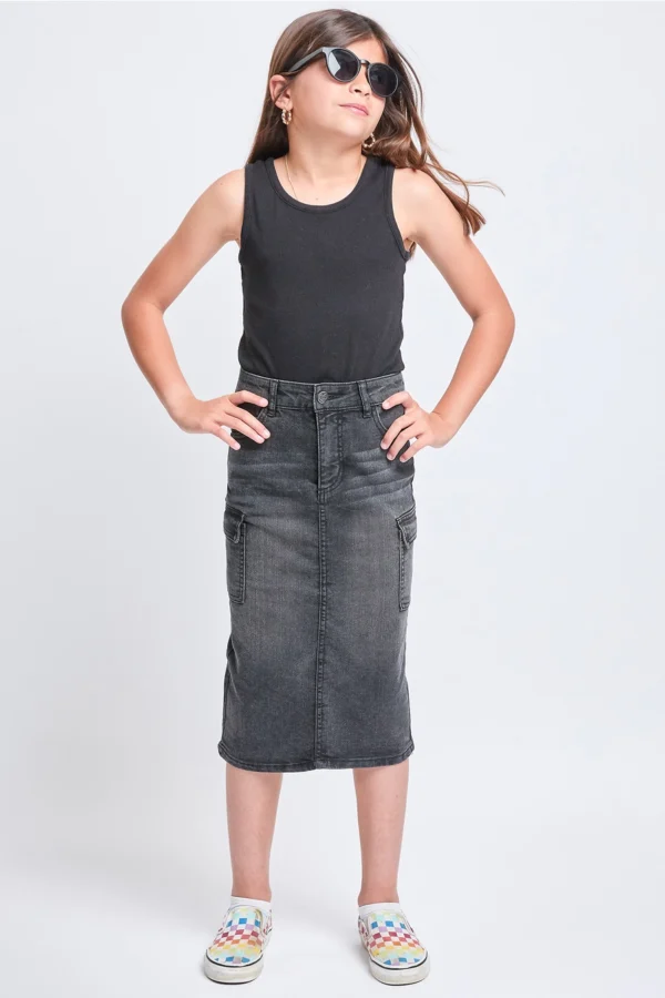 Denim Long Cargo Clean Hem Skirt: Faded Black - Image 3