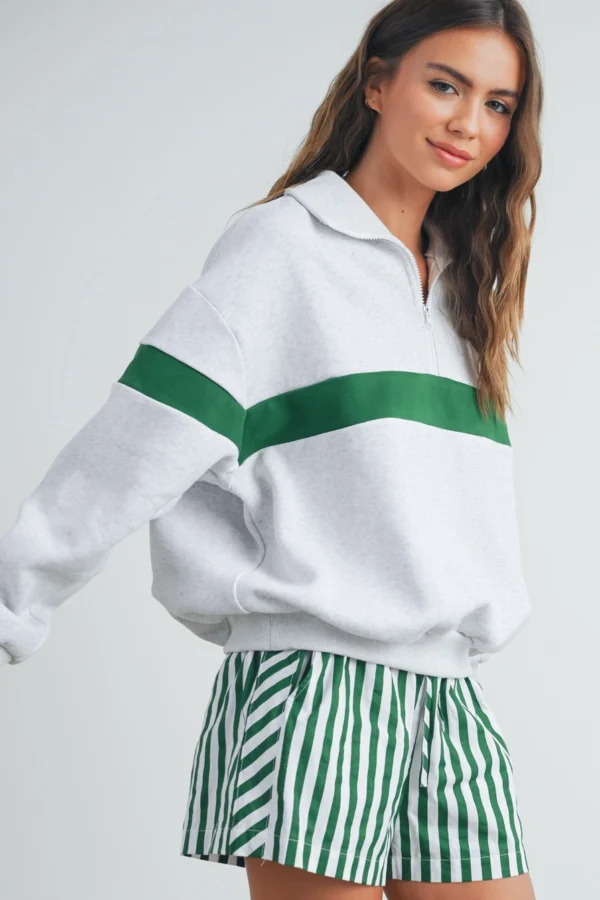 Two-Toned Half Zip Collar Sweatshirt: GREY / GREEN - Image 2