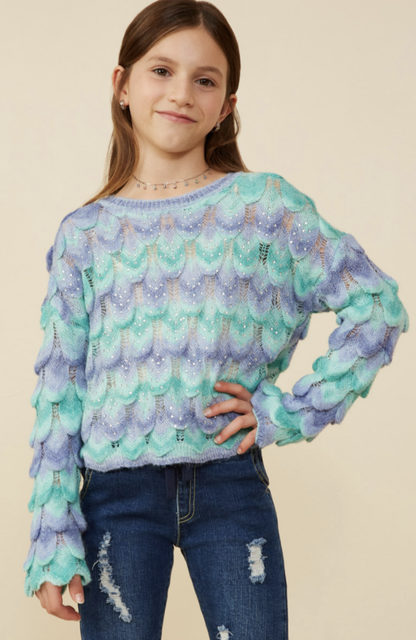 Jewel Detailed Scale Knit Pullover Sweater