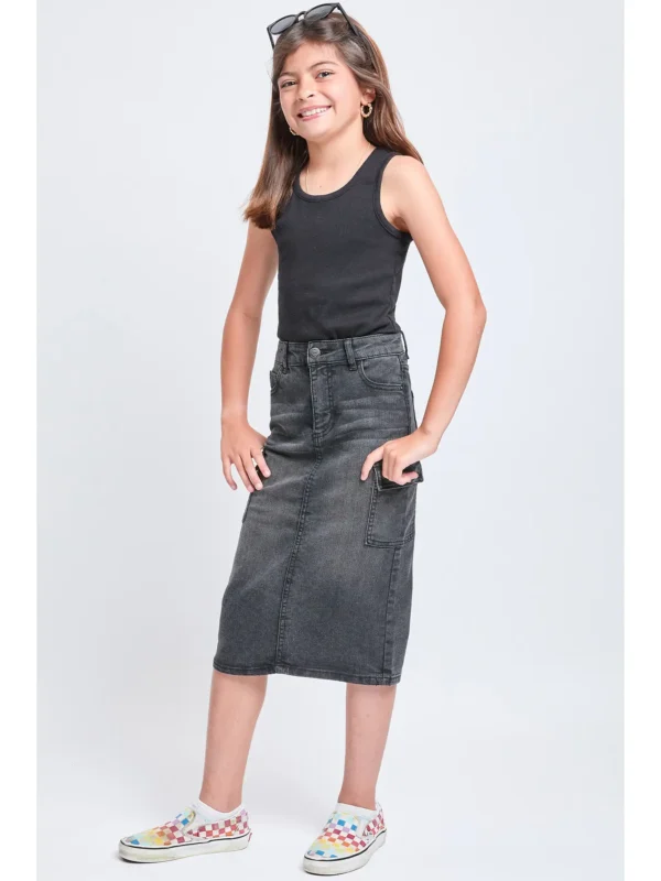 Denim Long Cargo Clean Hem Skirt: Faded Black