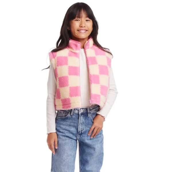 Checkered Cropped Fleece Vest Pink & Cream - Image 3