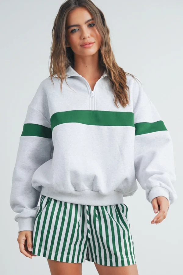 Two-Toned Half Zip Collar Sweatshirt: GREY / GREEN