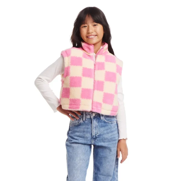 Checkered Cropped Fleece Vest Pink & Cream - Image 6