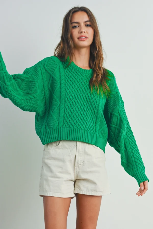 Cable Knit Sweater: Kelly Green - Image 3