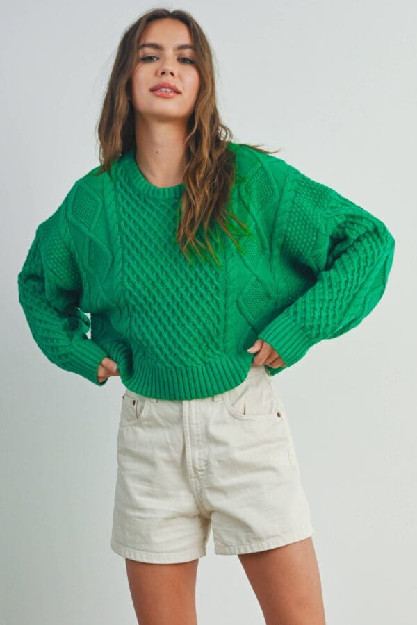 Variation #23223 of Buttermelon CASUAL SOLID CABLE KNIT SWEATER – BMW7194: Green, M