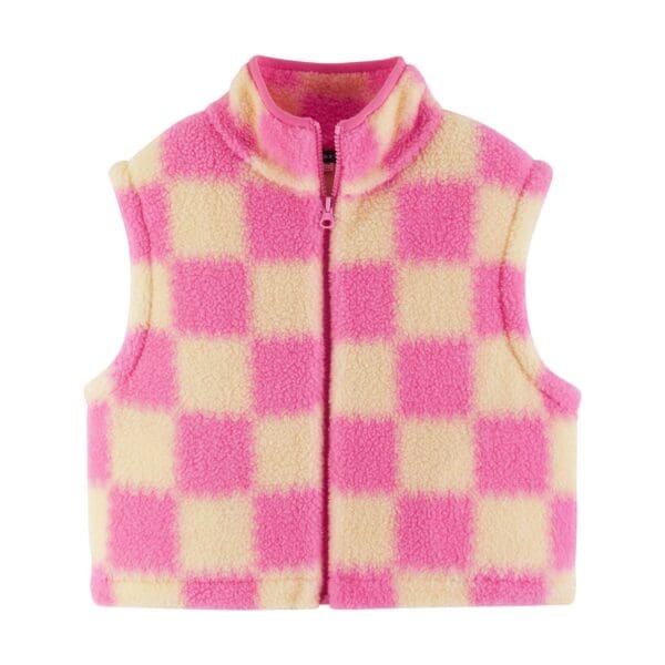 Checkered Cropped Fleece Vest Pink & Cream